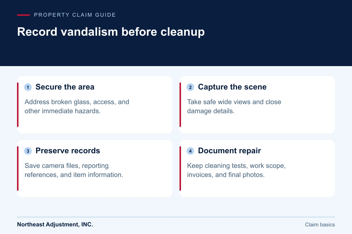 Record vandalism before cleanup: Secure the area, Capture the scene, Preserve records, Document repair.