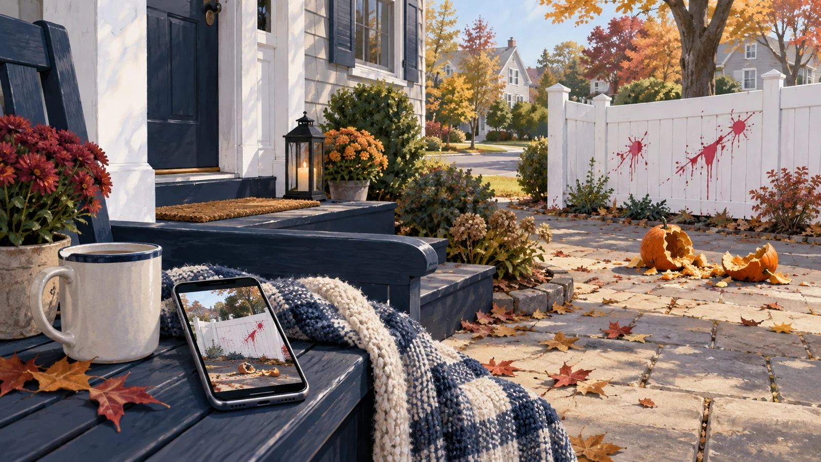 Illustration of red paint splashes on a white fence and broken pumpkins, with a matching photograph displayed on a phone.