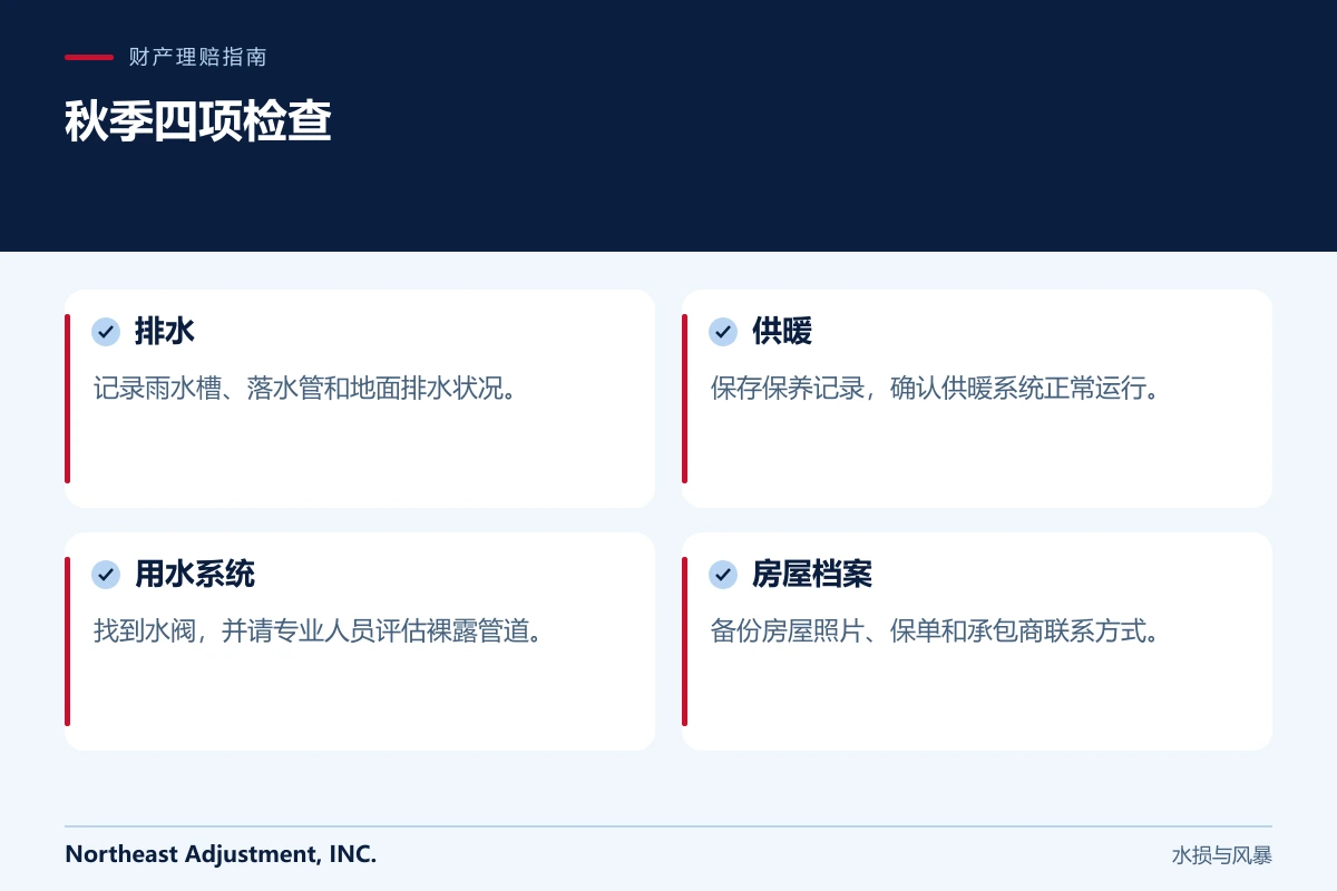 秋季四项检查: 排水, 供暖, 用水系统, 房屋档案.