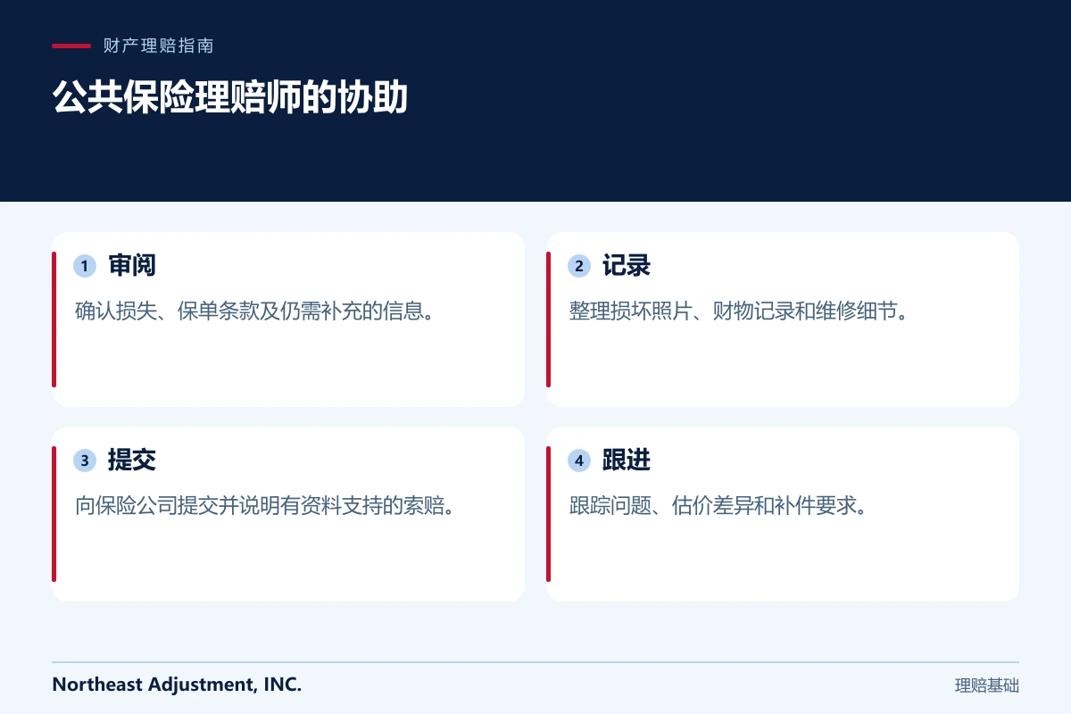 公共保险理赔师的协助: 审阅, 记录, 提交, 跟进.