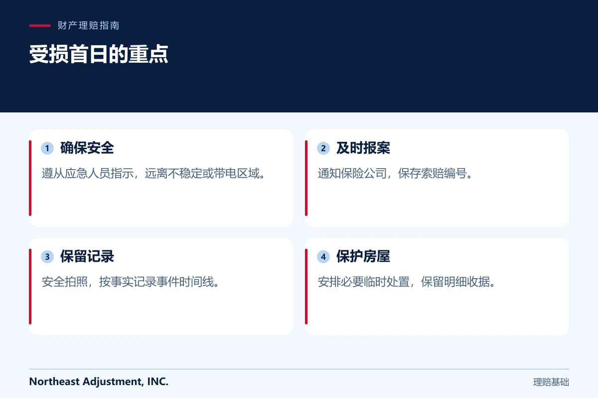 受损首日的重点: 确保安全, 及时报案, 保留记录, 保护房屋.