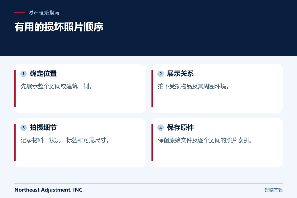 有用的损坏照片顺序: 确定位置, 展示关系, 拍摄细节, 保存原件.