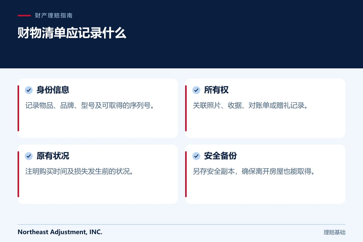 财物清单应记录什么: 身份信息, 所有权, 原有状况, 安全备份.