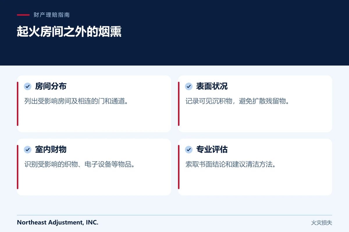 起火房间之外的烟熏: 房间分布, 表面状况, 室内财物, 专业评估.