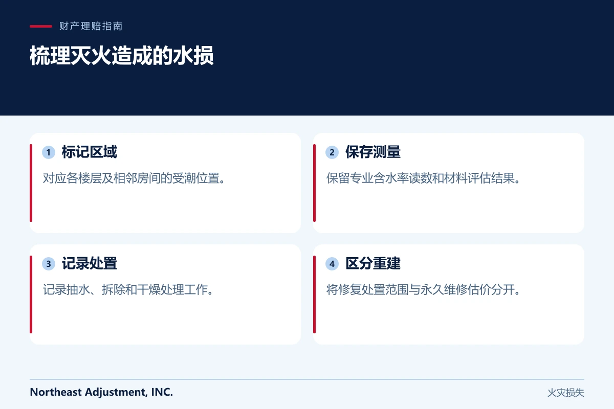 梳理灭火造成的水损: 标记区域, 保存测量, 记录处置, 区分重建.
