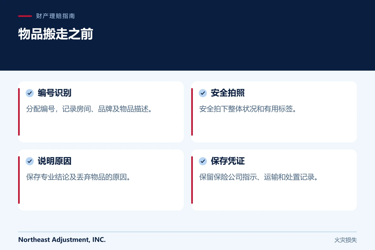 物品搬走之前: 编号识别, 安全拍照, 说明原因, 保存凭证.