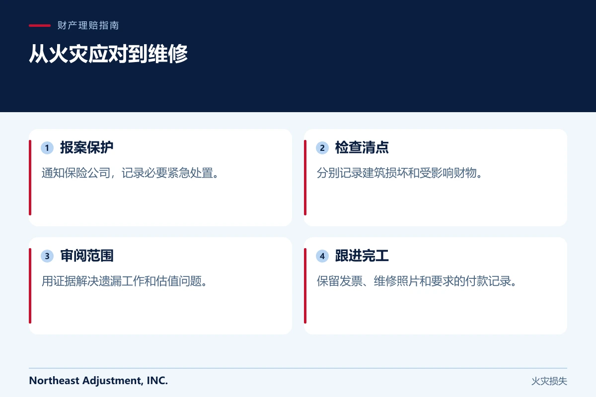 从火灾应对到维修: 报案保护, 检查清点, 审阅范围, 跟进完工.