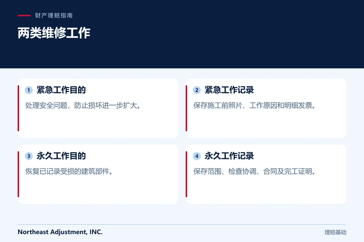 两类维修工作: 紧急工作目的, 紧急工作记录, 永久工作目的, 永久工作记录.