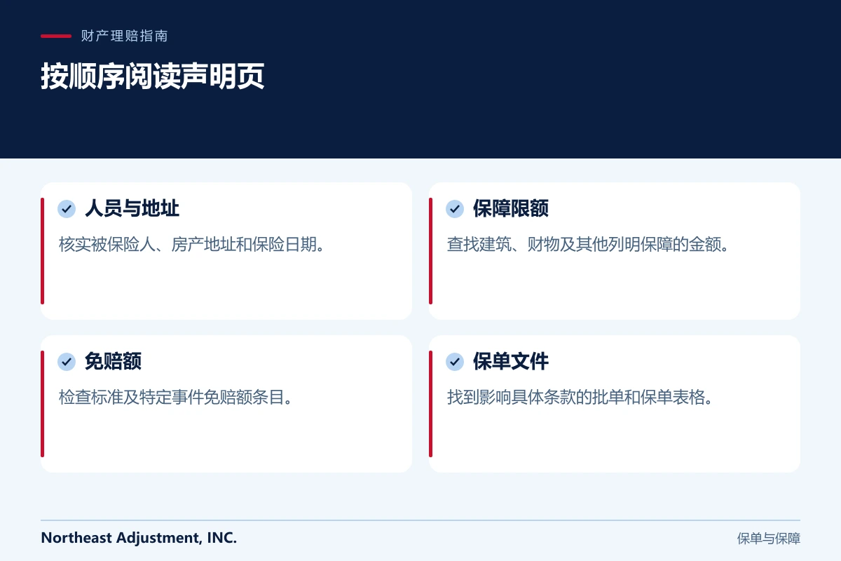 按顺序阅读声明页: 人员与地址, 保障限额, 免赔额, 保单文件.
