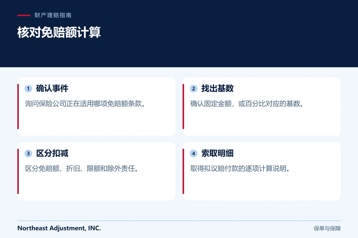 核对免赔额计算: 确认事件, 找出基数, 区分扣减, 索取明细.
