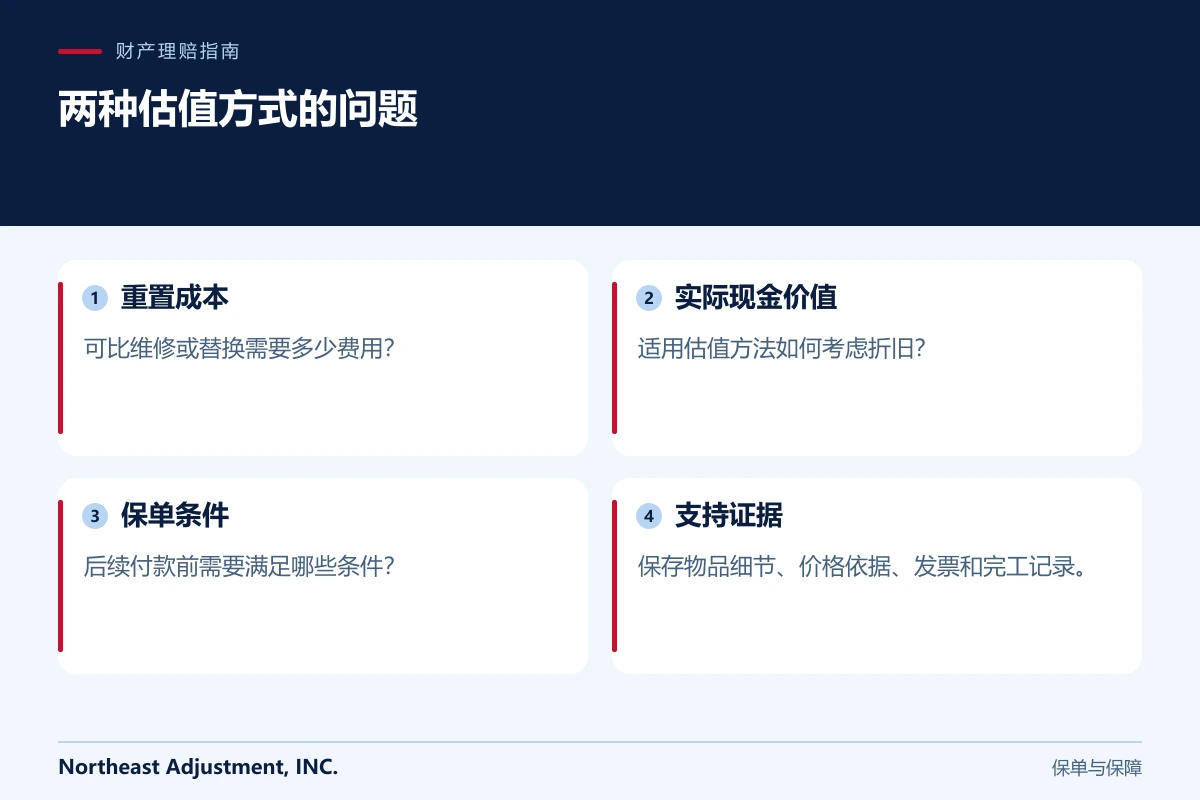 两种估值方式的问题: 重置成本, 实际现金价值, 保单条件, 支持证据.