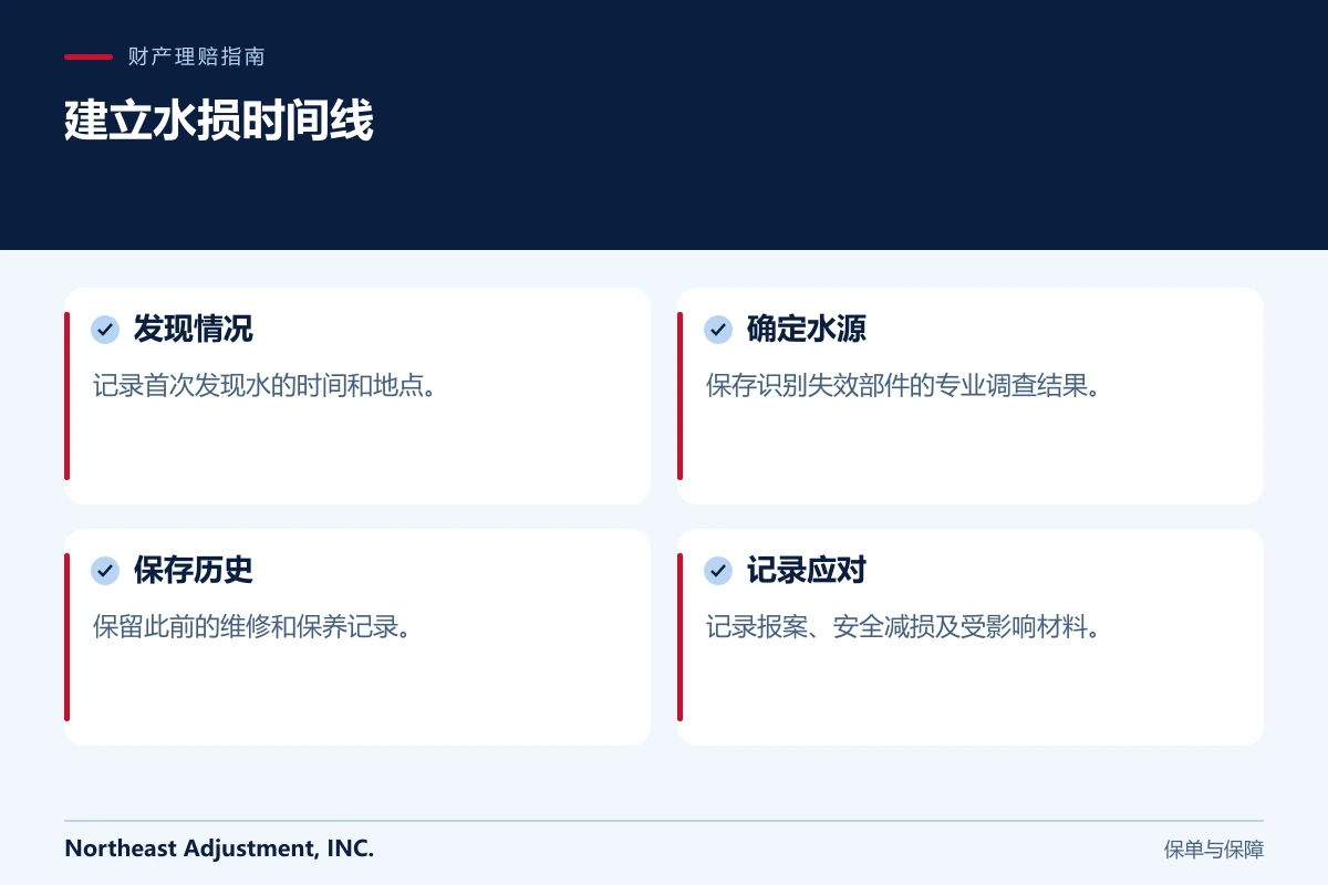 建立水损时间线: 发现情况, 确定水源, 保存历史, 记录应对.