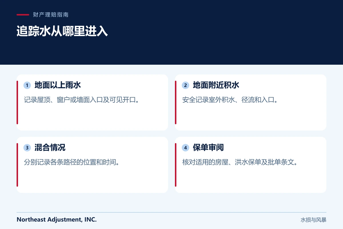 追踪水从哪里进入: 地面以上雨水, 地面附近积水, 混合情况, 保单审阅.