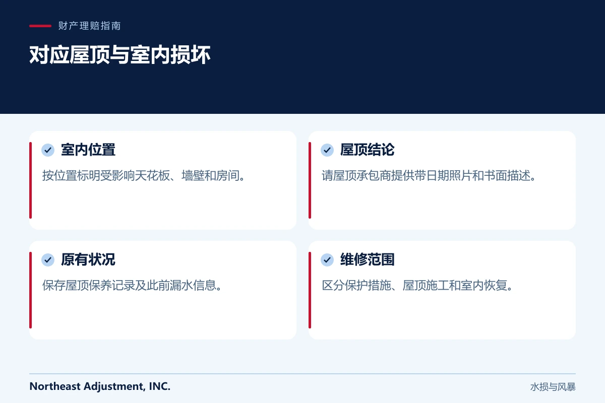 对应屋顶与室内损坏: 室内位置, 屋顶结论, 原有状况, 维修范围.