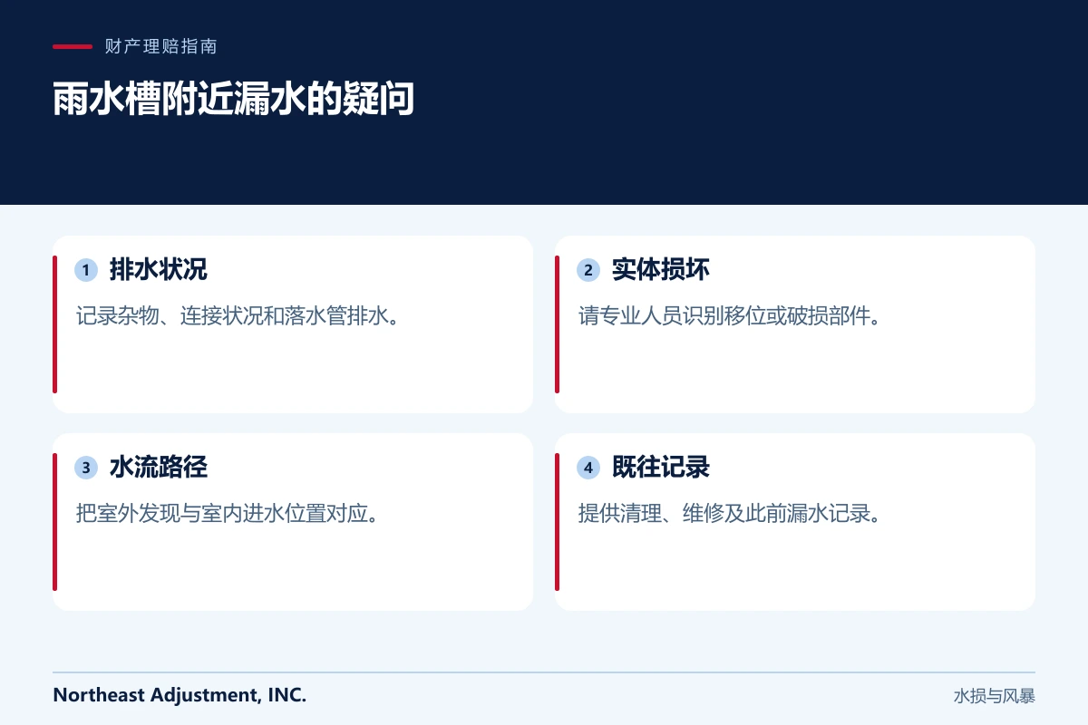 雨水槽附近漏水的疑问: 排水状况, 实体损坏, 水流路径, 既往记录.