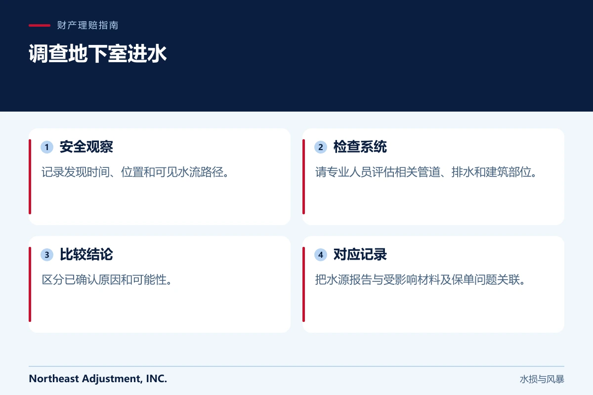 调查地下室进水: 安全观察, 检查系统, 比较结论, 对应记录.