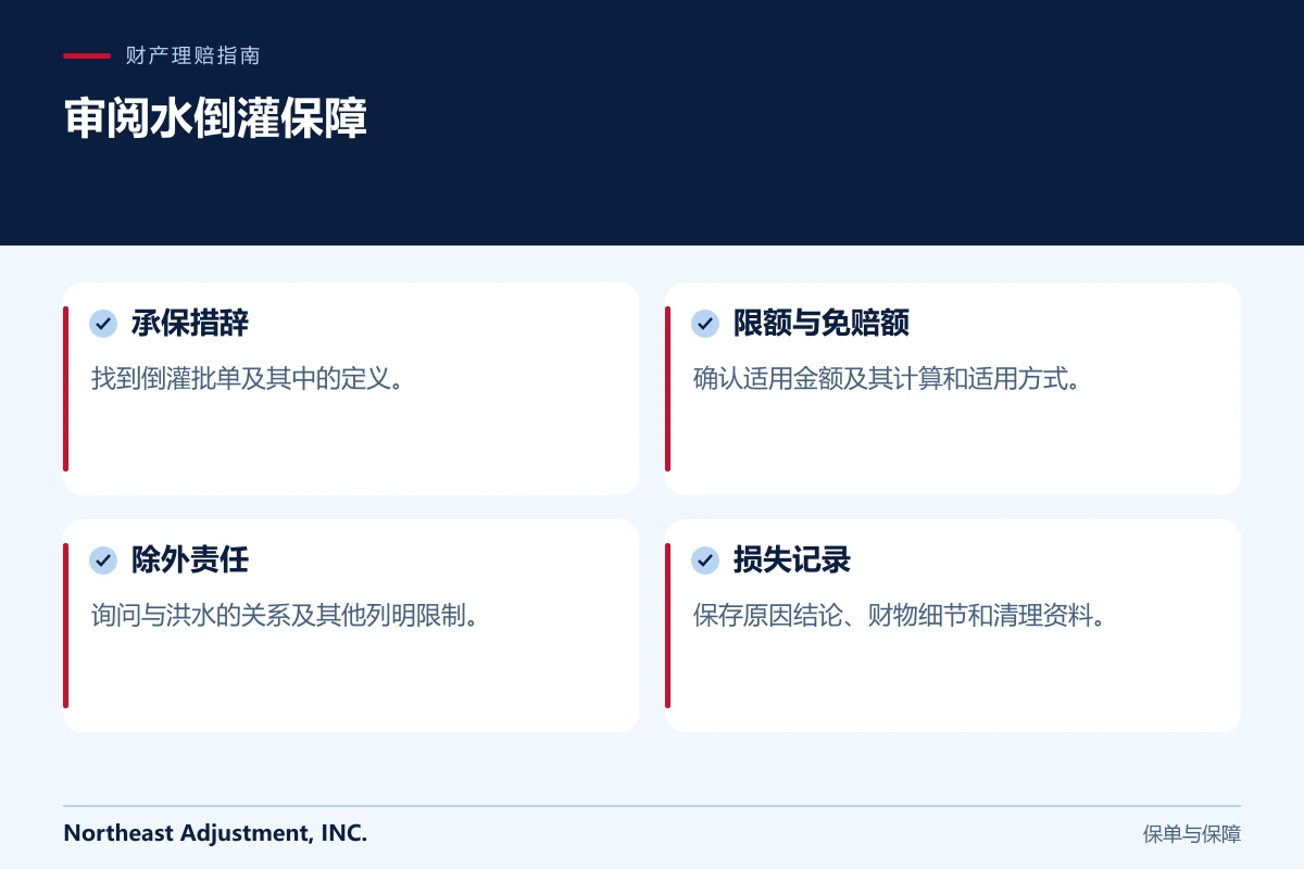 审阅水倒灌保障: 承保措辞, 限额与免赔额, 除外责任, 损失记录.
