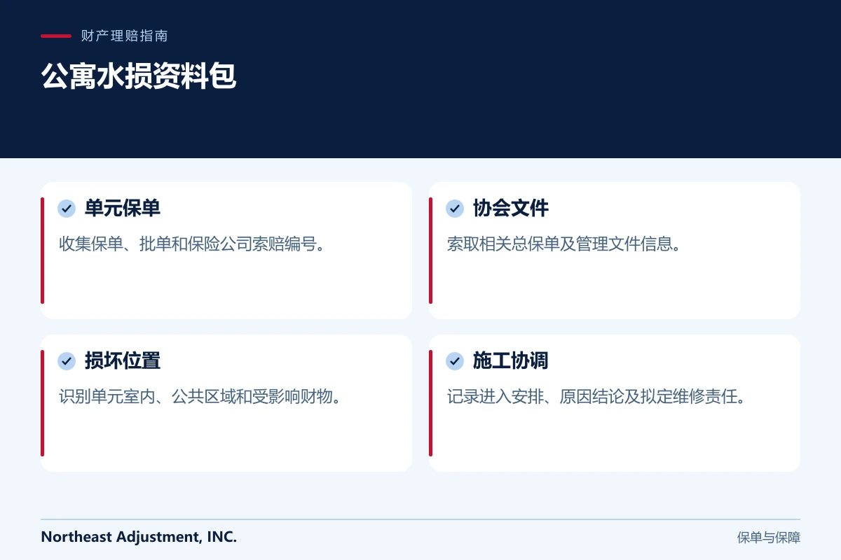 公寓水损资料包: 单元保单, 协会文件, 损坏位置, 施工协调.