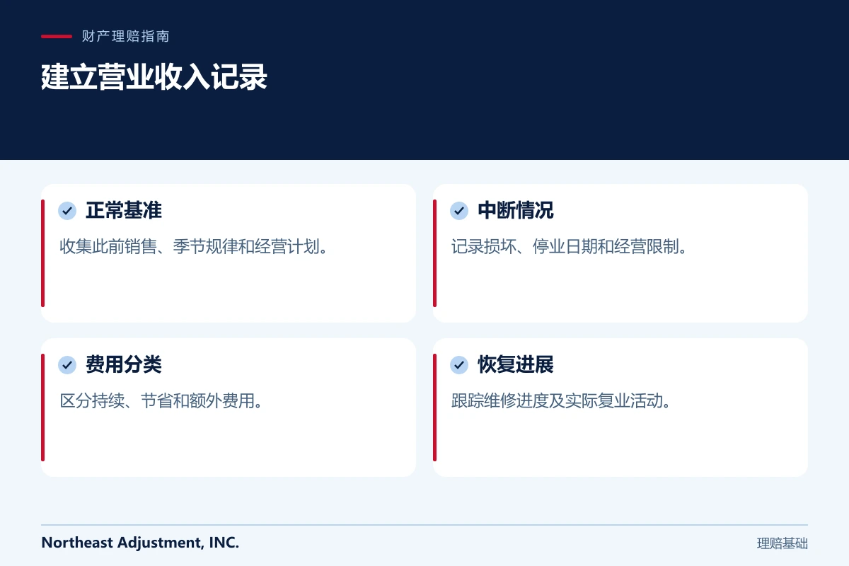 建立营业收入记录: 正常基准, 中断情况, 费用分类, 恢复进展.