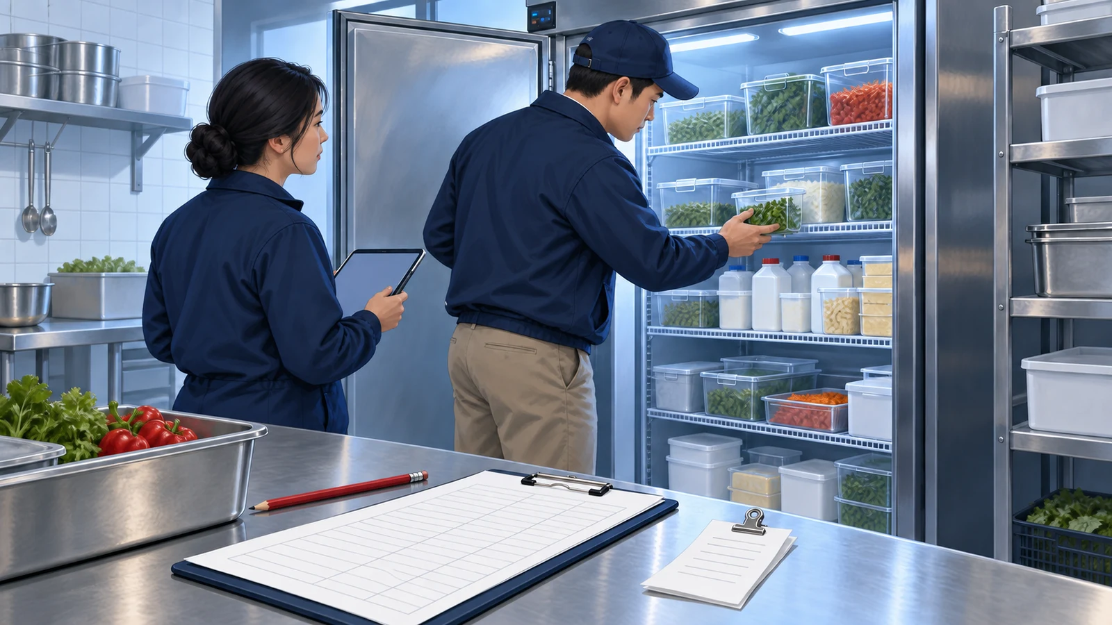 插画:两人在商用冰箱旁记录食品容器,附近放着库存表。