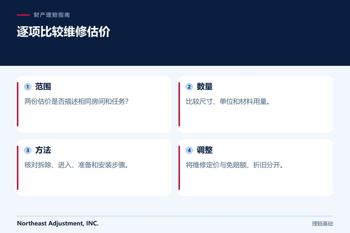 逐项比较维修估价: 范围, 数量, 方法, 调整.