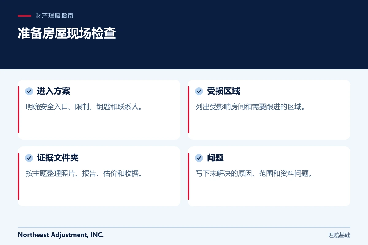 准备房屋现场检查: 进入方案, 受损区域, 证据文件夹, 问题.