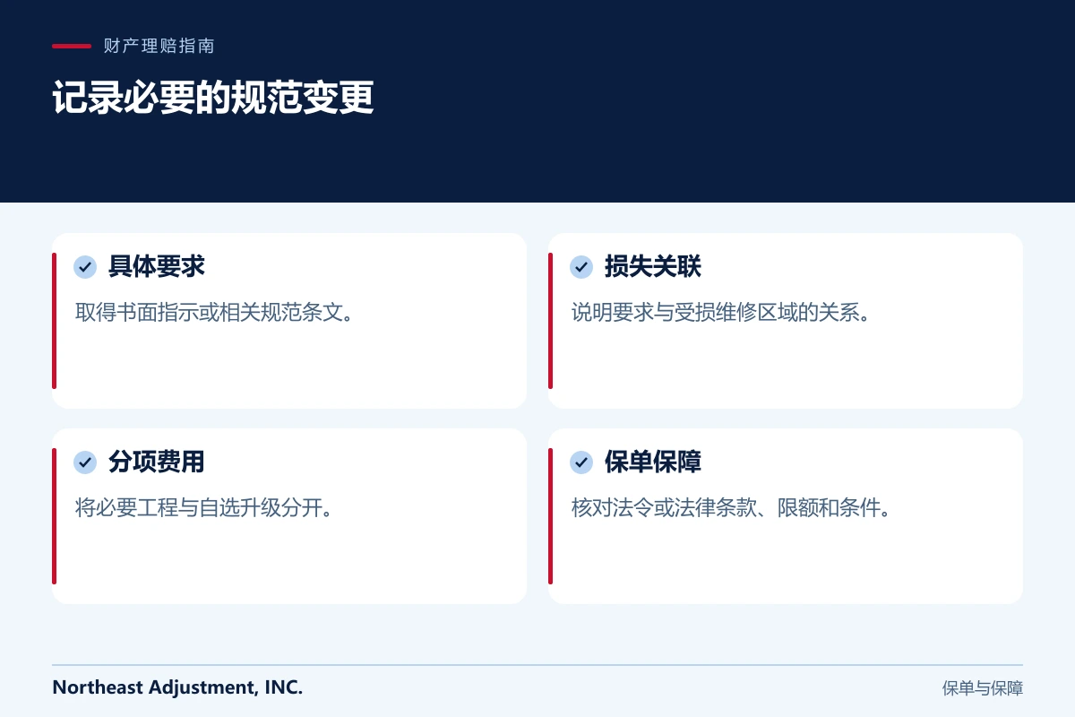 记录必要的规范变更: 具体要求, 损失关联, 分项费用, 保单保障.