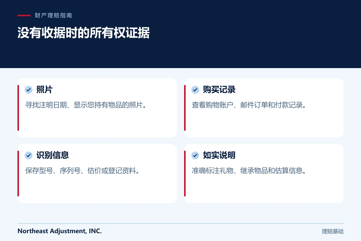 没有收据时的所有权证据: 照片, 购买记录, 识别信息, 如实说明.