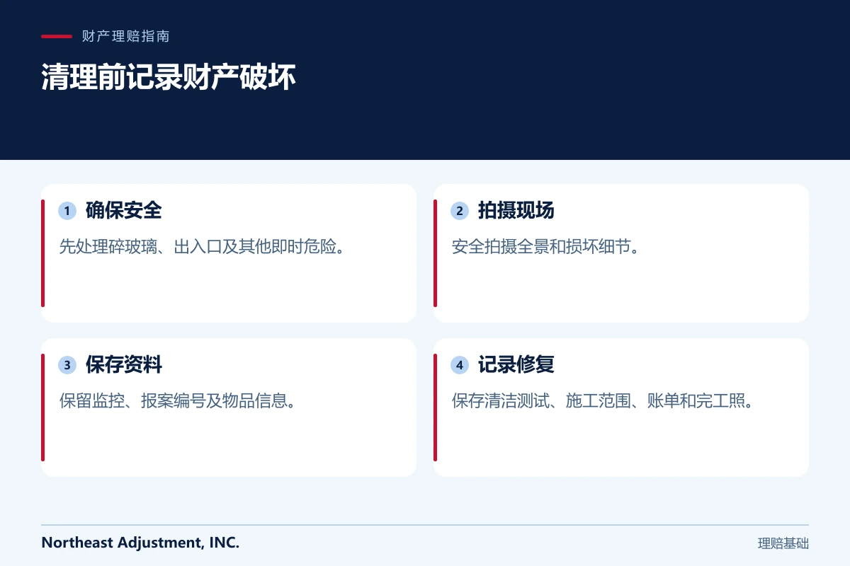 清理前记录财产破坏: 确保安全, 拍摄现场, 保存资料, 记录修复.