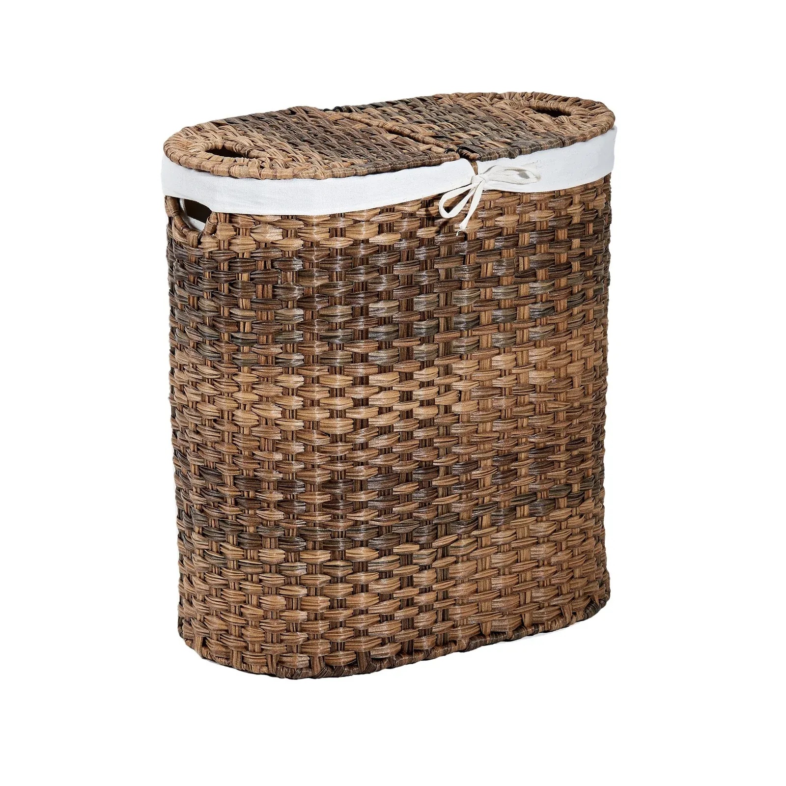 Handwoven Lidded Oval Double Laundry Hamper - Mocha Brown