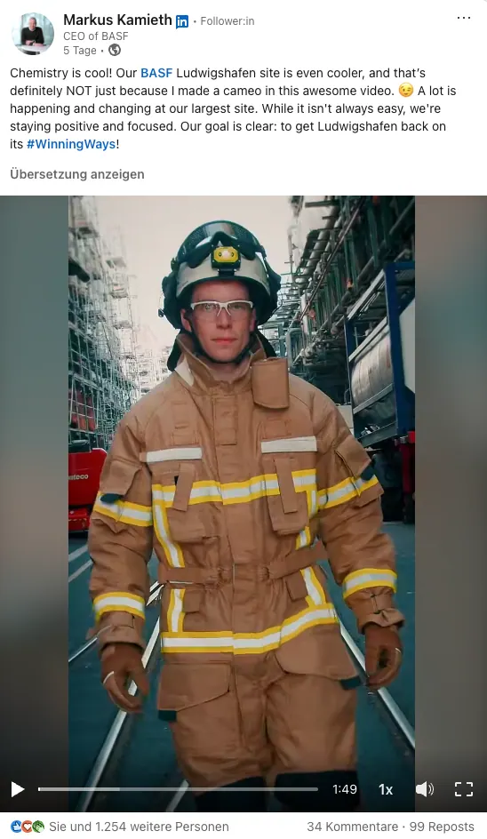 Screenshot des LinkedIn-Beitrags auf dem persönlichen Profil von CEO Markus Kamieth mit demselben Video und den Reaktionen darunter