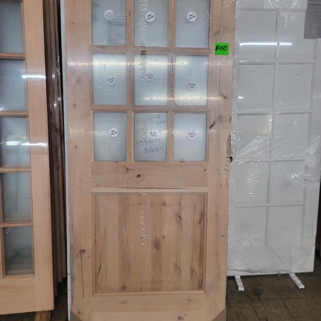 36" x 80"tall wood exterior door with 9-lite glass panel upper section and solid wood lower panel