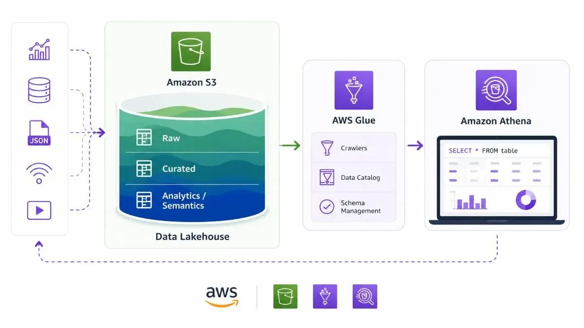 Luồng dữ liệu Data Lakehouse: nguồn → S3 → Glue → Athena