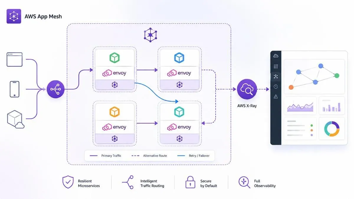 Sơ đồ kiến trúc AWS App Mesh với Envoy proxy và X-Ray observability
