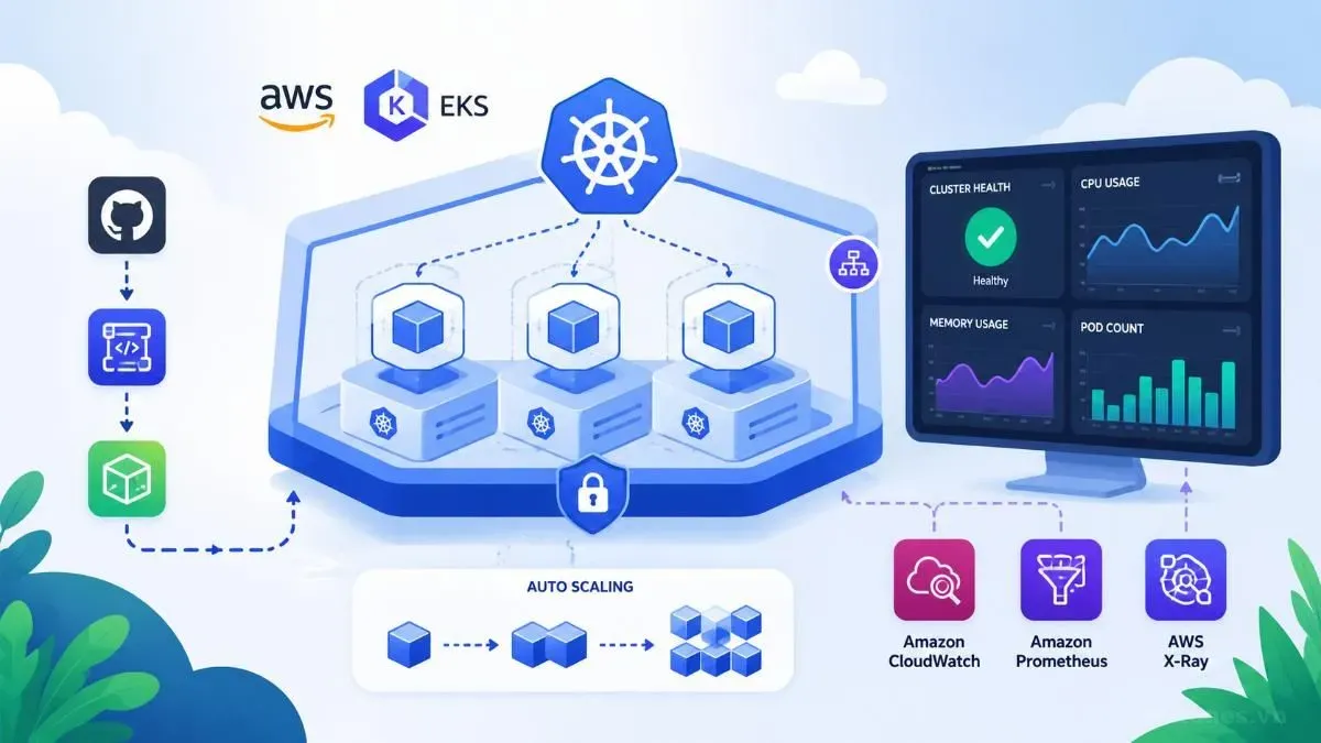 Kiến trúc EKS với auto-scaling, CI/CD pipeline và monitoring CloudWatch Prometheus