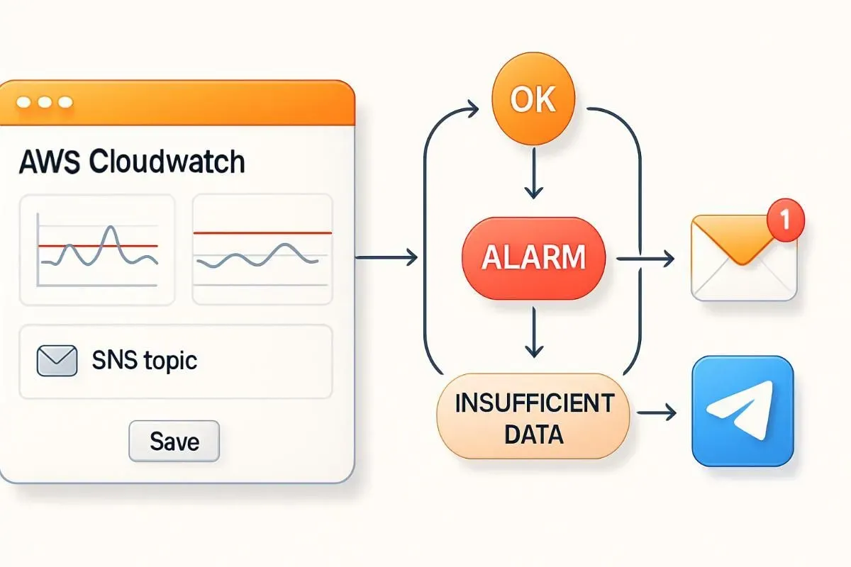 AWS CloudWatch alarm setup workflow với SNS và Telegram