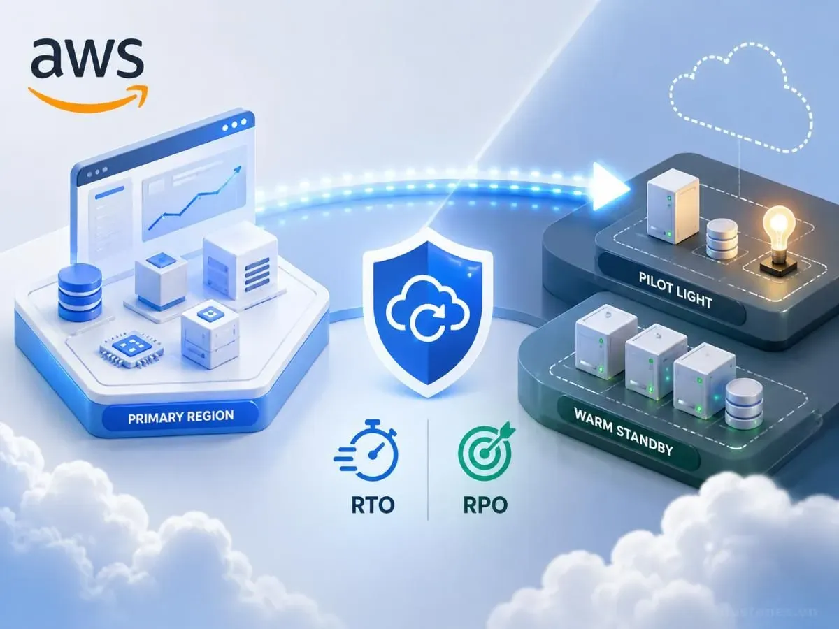 AWS Disaster Recovery với Pilot Light và Warm Standby — RTO RPO diagram