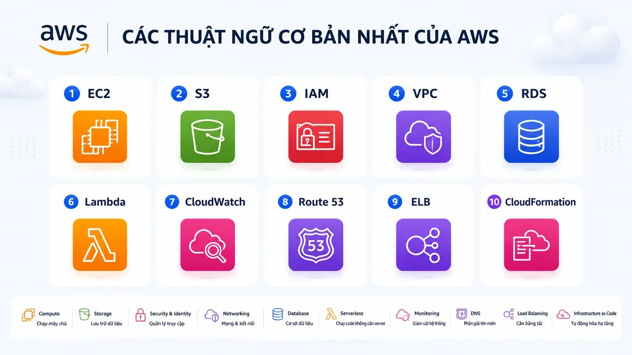Sơ đồ hệ sinh thái dịch vụ AWS - IAM, EC2, S3, VPC, Lambda và các dịch vụ liên kết