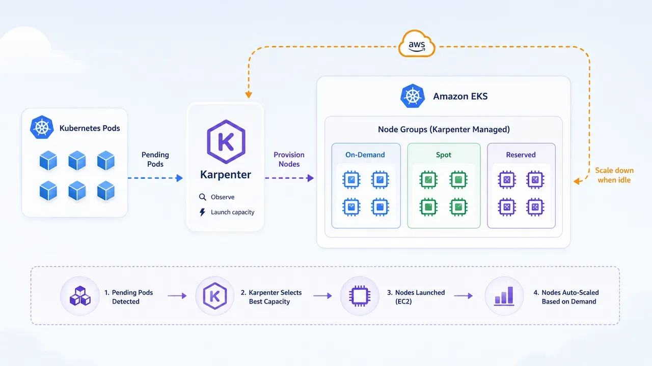Kubernetes EKS Karpenter auto-scaling node groups diagram