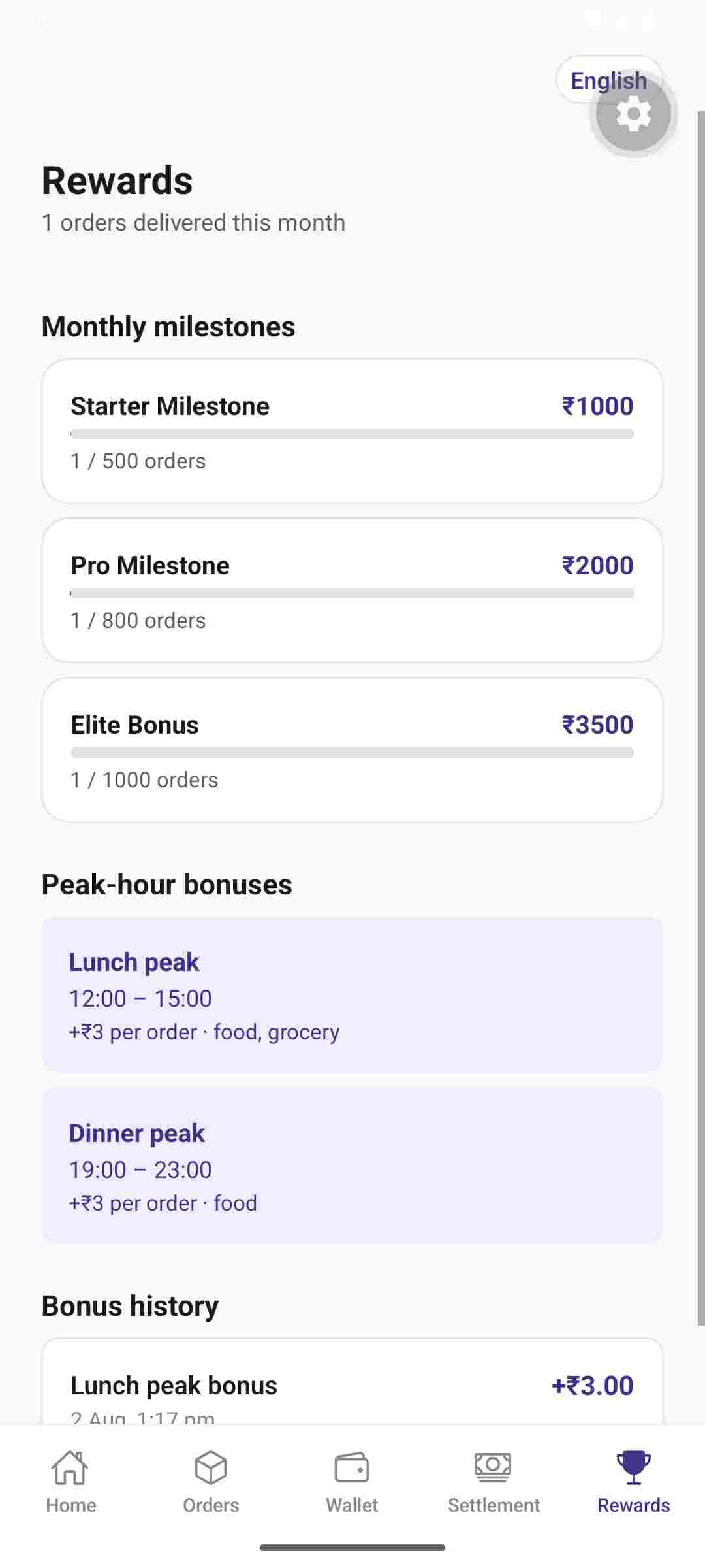 Incentives screen of the NOT@MRP delivery partner app