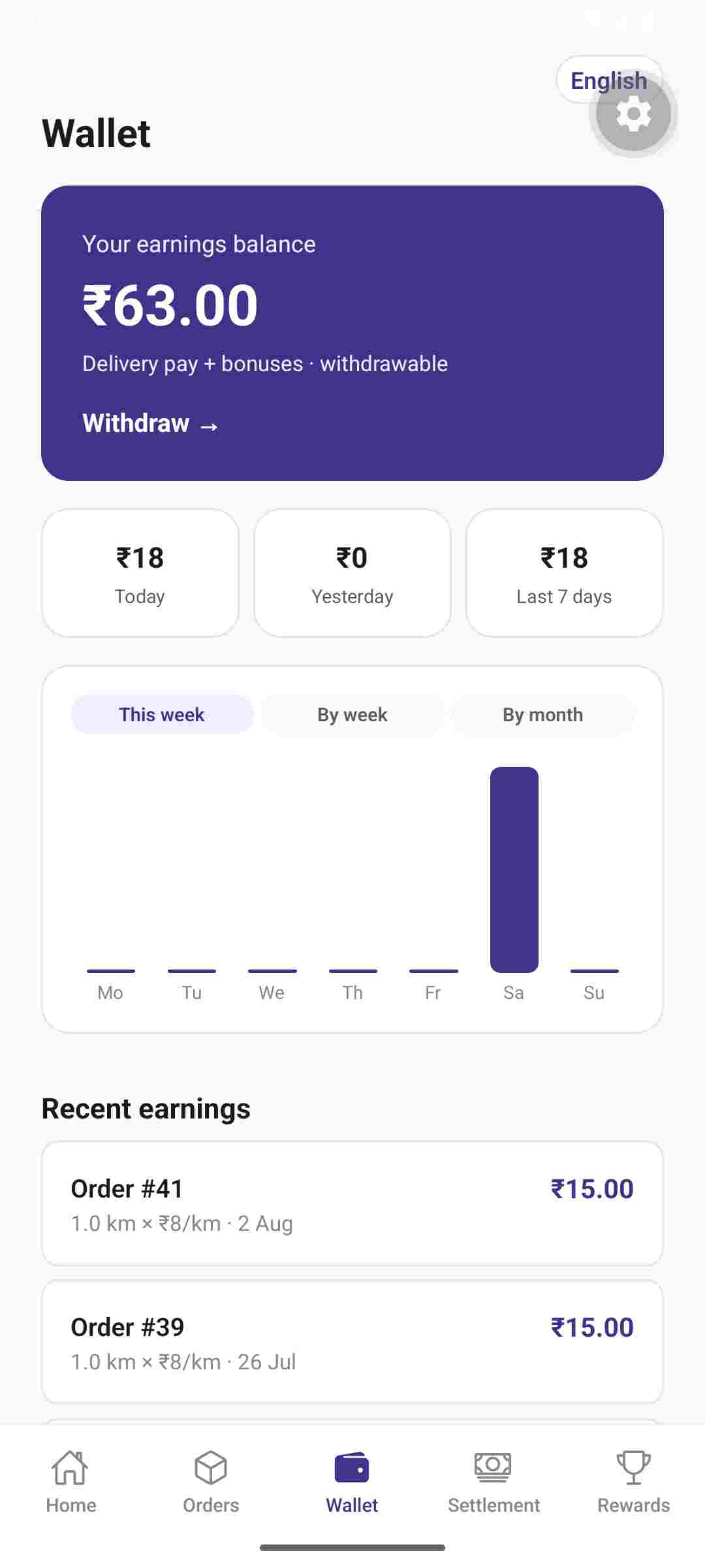 Wallet screen of the NOT@MRP delivery partner app