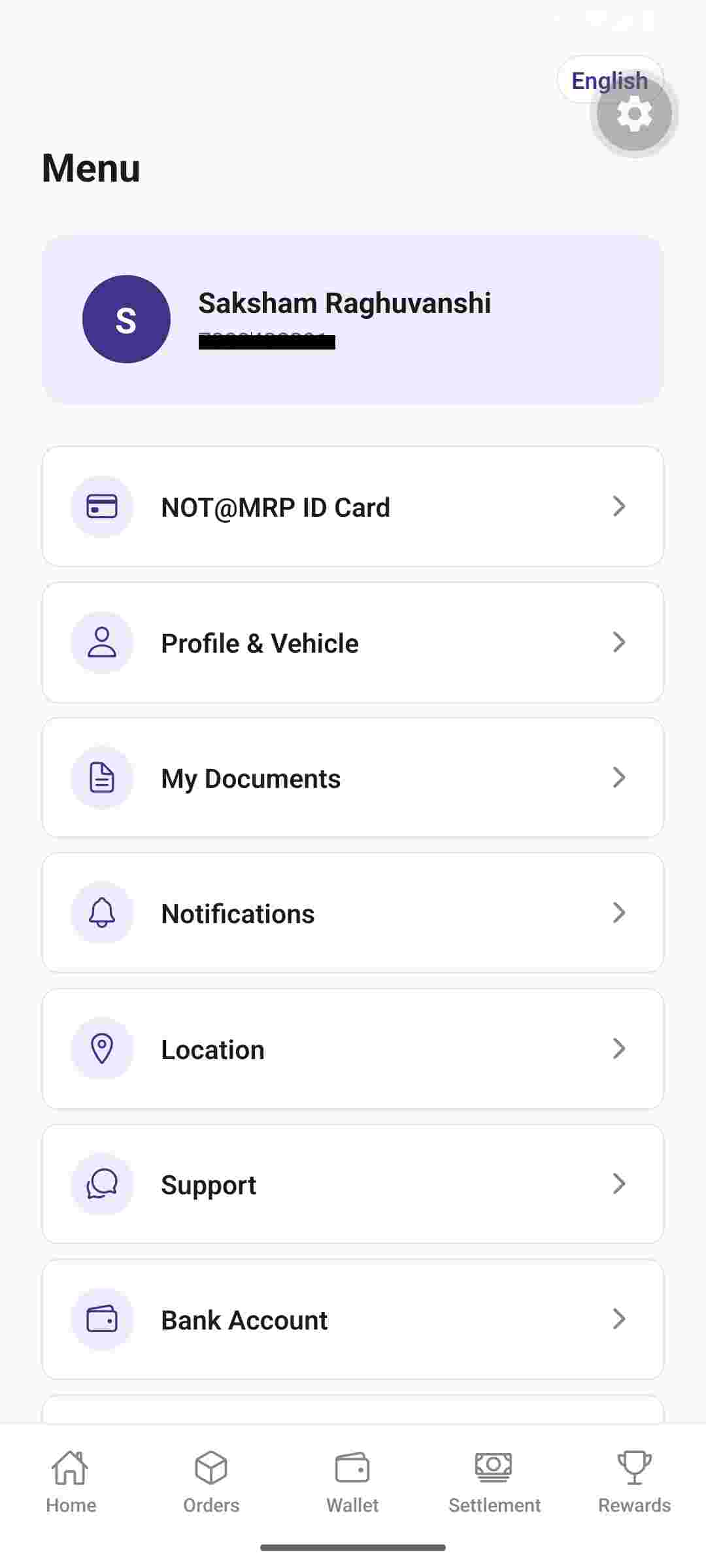 Account menu screen of the NOT@MRP delivery partner app