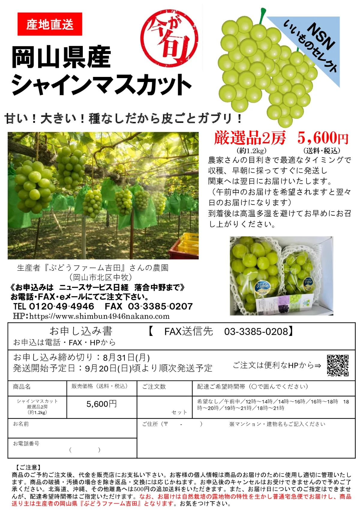 【NSNいいものセレクト】今が旬!岡山県産「シャインマスカット」産地直送のご案内