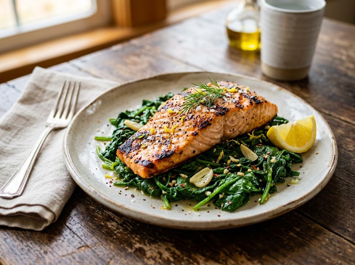 Grilled Salmon with Sautéed Spinach