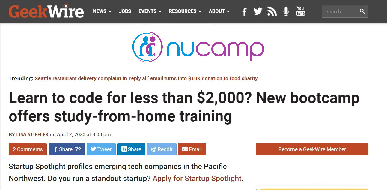 Change careers and learn to code in the COVID-19 Era, Nucamp in the news.