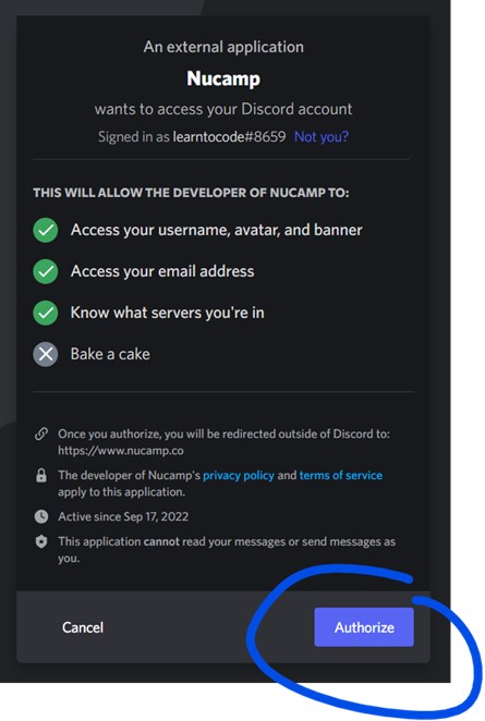 oAuth Screen between Nucamp and Discord