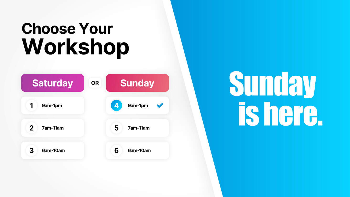 Sunday workshop Bootcamp Schedule