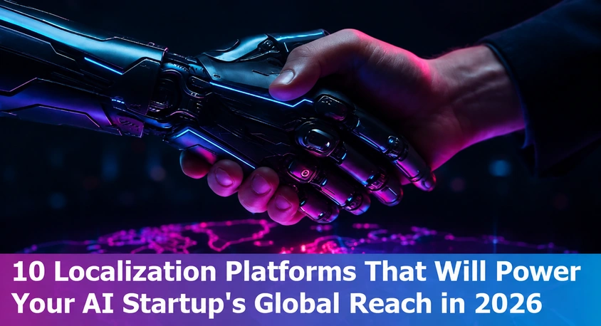 AI founder using localization platform dashboard on laptop, displaying global language options and localization tools.