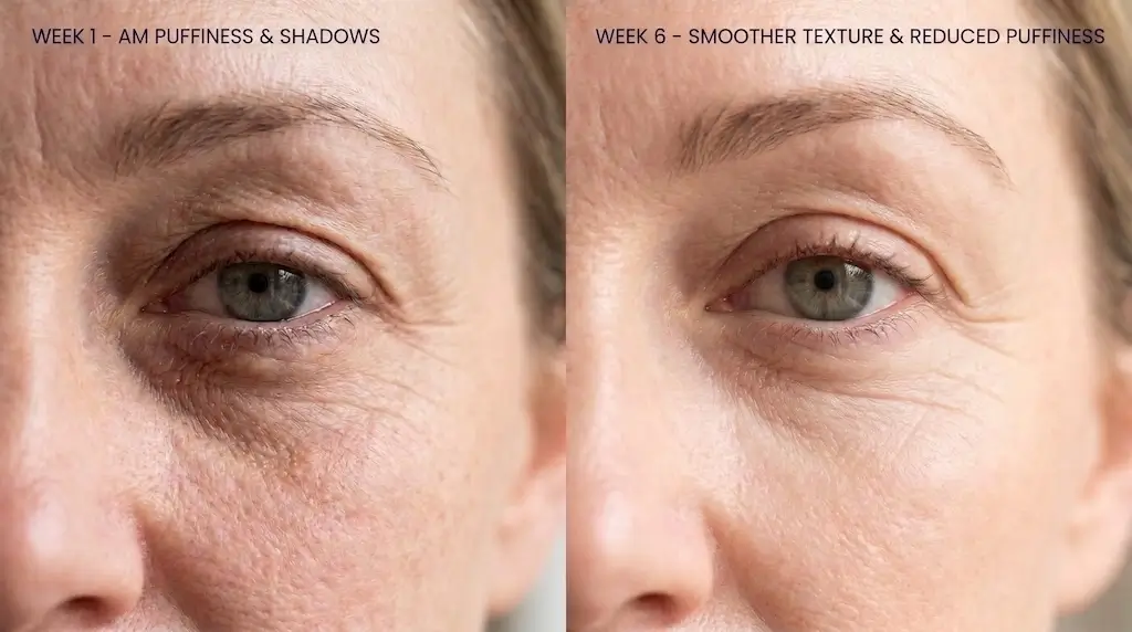 Avant et après 3D Eye Beauty – poches sous les yeux et cernes visiblement réduits après 4 semaines d'utilisation en péri-ménopause
