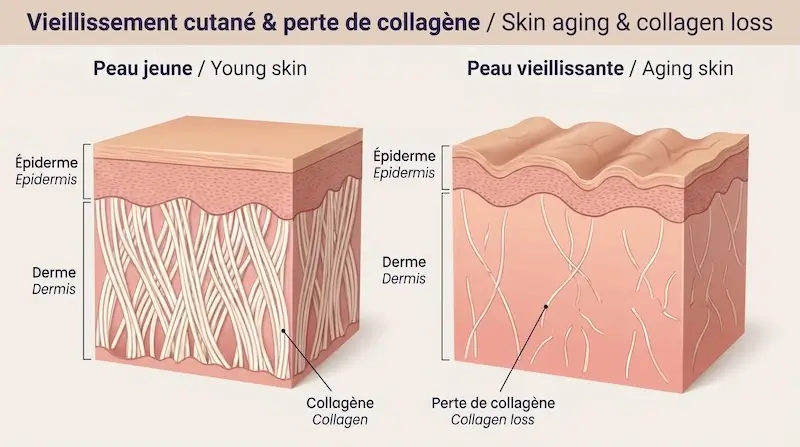 Illustration du vieillissement cutané & perte de collagène